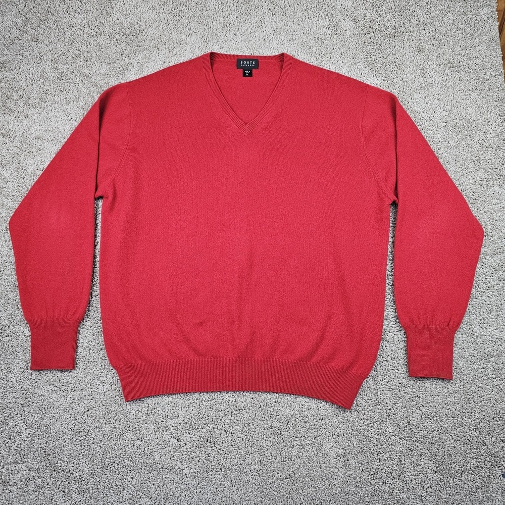 Forte 100% Cashmere V-Neck Sweater Men's XL Red Tight Knit EUC